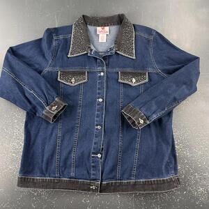 Quaker Factory Denim Jacket Womens 1X Dark Wash Bedazzled Cottage Whimsi Fairy